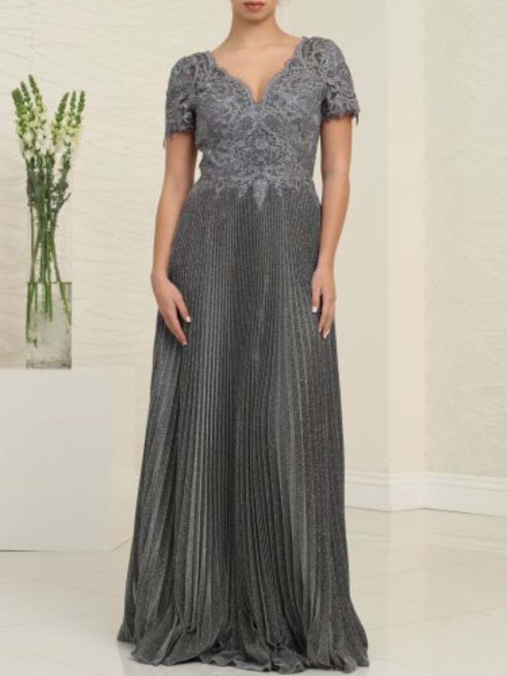 PLUS SIZE FORMAL DRESS. SHORT SLEEVE LACE APPLIQUE CHARCOAL GRAY ROSE GOLD LILAC